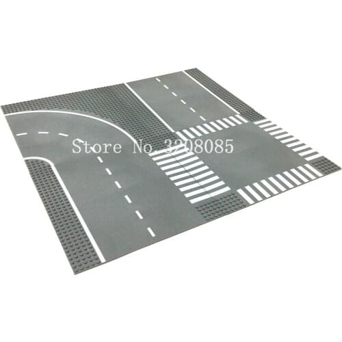 Road Plate Straight Crossroad Curve T-Junction Building Blocks Parts Bricks Base Plate Models City Street Baseplate Toys