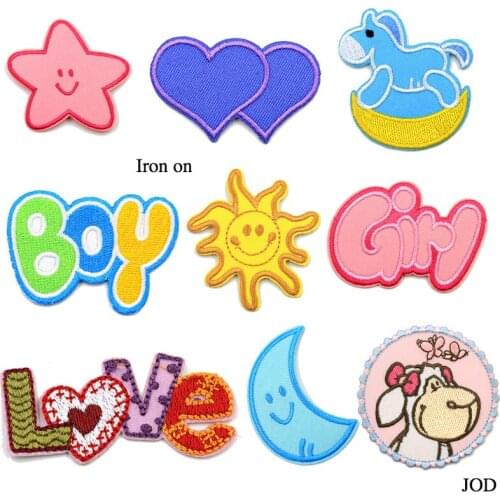 JOD Boy,girl,sun,heart,star,love,mon Patch Embroidery Iron on Brand Patch Craft Sewing Repair Cartoon Decorative Patches Decal