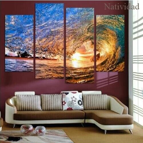 Canvas Painting No Frame Only 4 Pieces Sunset Beach with Screw Ocean Wave Modular Wallpaper Posters and Prints Living Room