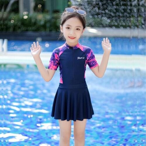 Conservative short sleeve swimming suit with skirt two piece girls swimwear kids 2021 teenage swimsuit mallio de bain fille