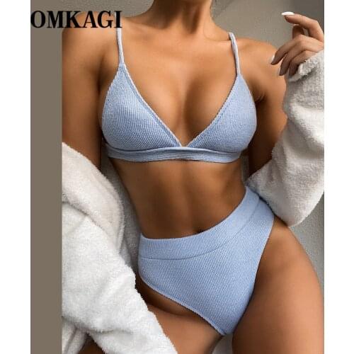 OMKAGI New Swimwear Sexy Push Up Women Swimsuit 2021 Solid Bikini Set High Waist Beach Bathing Suit Wear Biquini Swimsuit Female
