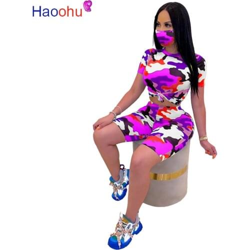 Summer with mask womens set camouflage print o-neck t-shirts knee length shorts jogger suit three piece set sporting tracksuit