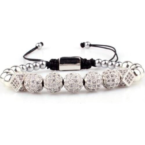 Micro pave Copper gold silver metal cz Cubic Zirconia rope adjustable Beads Bracelet Charm Braided Bangles xcf3