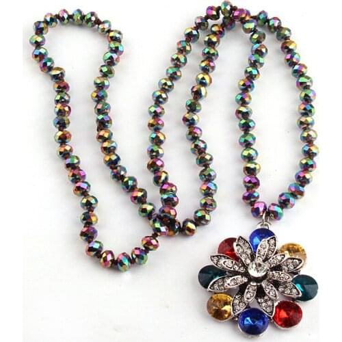 MOODPC Fashion Bohemian Tribal Rustic Soldered Artisan Jewelry Multicolor Crystal Glass Beads Knotted Flower Pendant Necklace