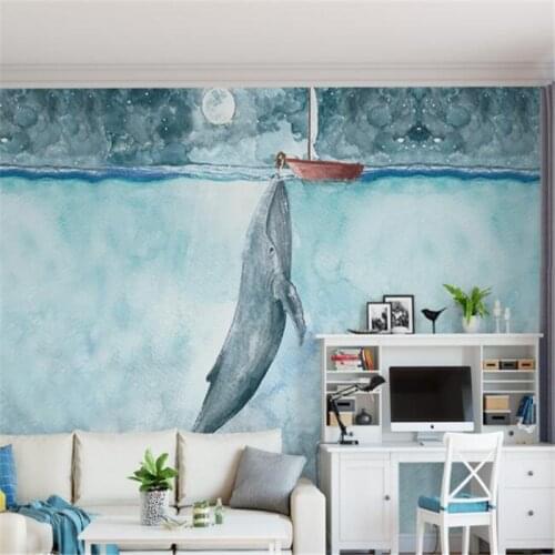 Mural papel de parede Hand drawn underwater world whales little girl art background wall papel de parede infantil tapety