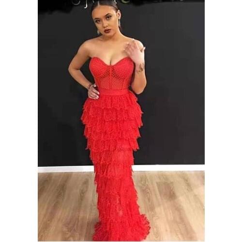 2021 New Women Winter Fashion High Quality Red Strapless Tassel Fringe Long Maxi bandage Dresses Wholesale Dropshipping