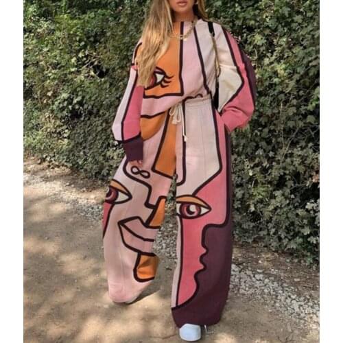 2021 new European and American womens casual round neck loose printing basic womens sweater set