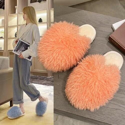 2021 Autumn New Fluffy Faux Fur Slippers Ladies Cute Mushroom Home Warm Cotton Slides Winter Plush Shoes Sandals Flip Flops Girl