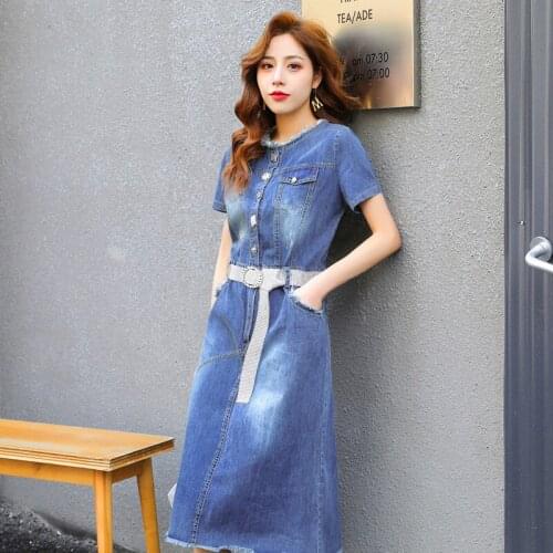 New Summer Style Women Dresses Casual Collect Waist Slim Solid Burr O-Neck Collar Button Jeans Dress For Females Denim One-Piece