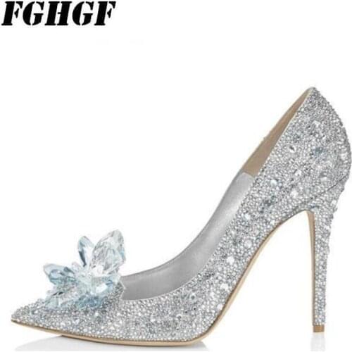 New Style Cinderella Crystal Shoes Silver Rhinestone Wedding Shoes Bride Shoes Pointed Toes Stiletto Wedding Dress Shoes