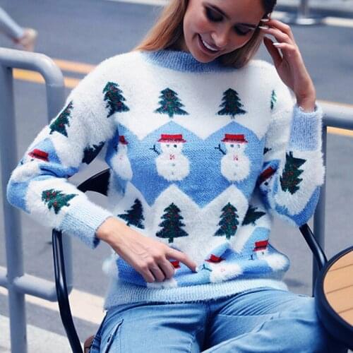 Wholesale hot selling womens winter clothes long sleeve o-neck knitted christmas tree print sweaters