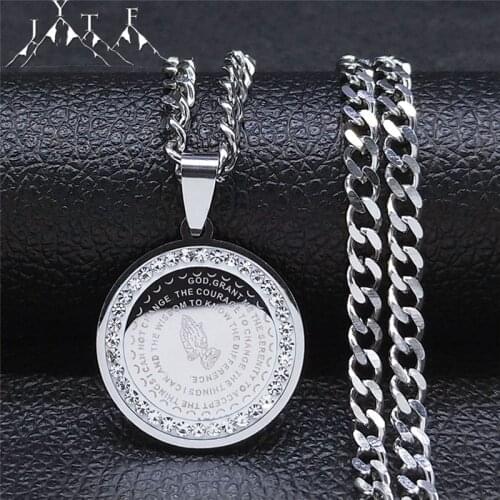 Stainless Steel Crystal Bible Folded Hands in Prayer Necklaces Chain Men/Women Silver Color Necklace Jewelry collier N8034S05