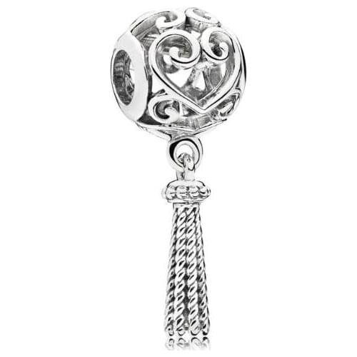 Genuine 925 Sterling Silver Charm Filigree Enchanted Heart Tassel Pendant Beads Fit Pan Bracelet & Necklace DIY Jewelry