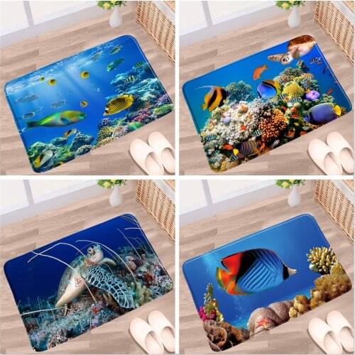 Underwater World Bathroom Mat Sea Turtle Fish Coral Ocean Scenery Non-slip Rug Flannel Fabric Bath Kitchen Doorway Aisle Carpets