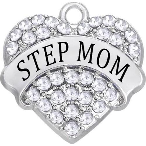 Transparent Rhinestone Crystal Heart Pendant STEP MOM Label Charm for Family Members Gift Jewelry Accessories