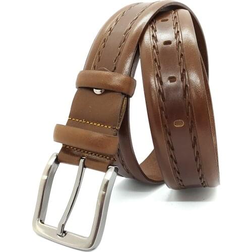 Genuine Soft Leather Handmade Brown Man Belt High Quality Calfskin Pants Metal Buckle For Casual Gift