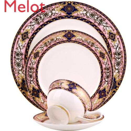 Wedding tableware Restaurant ceramic dinner dishes pink colorful charger plates Wholesale hotel Bone china gold dinnerware set
