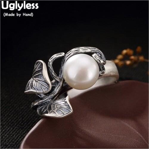 Uglyless 100% Real Solid 990 Fine Silver Handmade Thai Silver Leaves Open Rings for Women Ethnic Fine Jewelry Natural Jade Ring