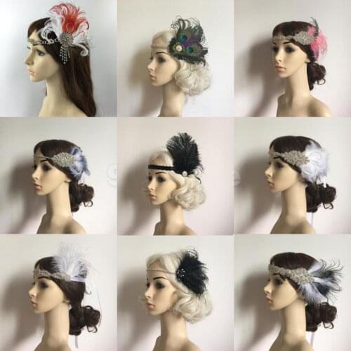 Vintage Elegant Rhinestone Diamante Decor Feather Flapper Headband Hair Band 1920s Great Gatsby Headpiece Headwear Accessories