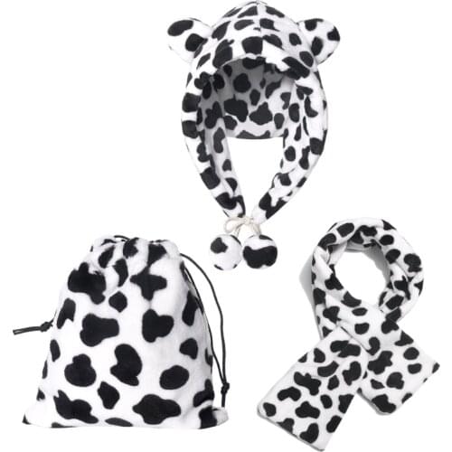 Women Winter Fuzzy Fluffy Warm Hoodie Earflap Cap Cross Collar Scarf Drawstring Storage Bag Cute Cow Print Ear Warmer