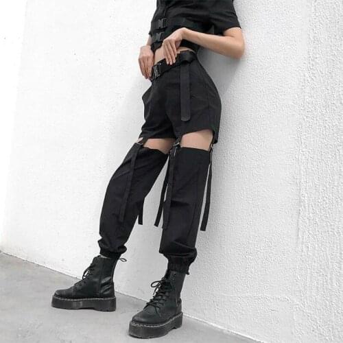 2021 Hip Hop High Waist Cargo Pants Women Joggers Street Style Trousers Buckle Track Pants Adjustable Hollow Out Pantalon
