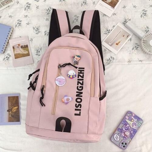 Women Backpacks for School Teenagers Girls Pink Nylon Solid Back Pack Female Cute Badge Pendant
