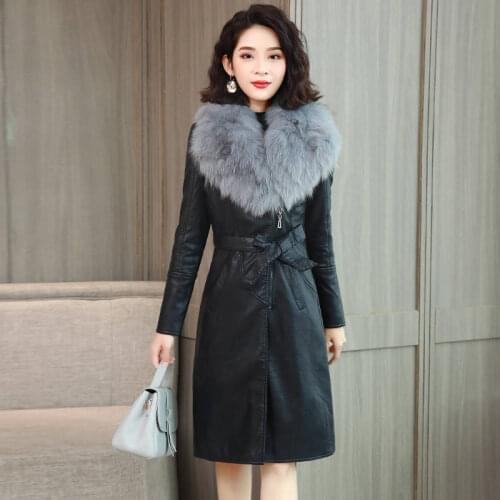 Big Fur Collar Autumn Winter PU Leather Coat Female Plus Velvet Thick Mid-Length Korean New Fashion Leather Overcoat Women E356