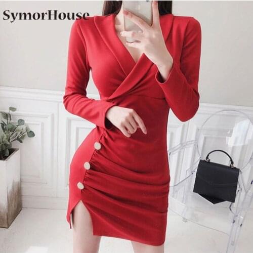 Fashion V-neck Long Sleeve Women Pencil Dress 2021 Spring Summer Solid Sheath OL Dress Female Red Black Midi Vestidos femme