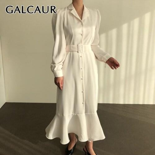 GALCAUR Elegant Pink Dress For Women Lapel Long Sleeve High Waist With Sashes Lace Up Midi Dresses Female Fashion New Stylish