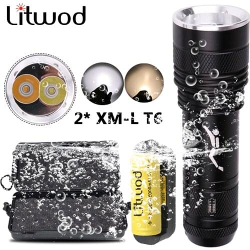 White & Yellow 2 Led Bulb Professional Diving Flashlight Diving Light Underwater 80M Aluminum Alloy Torch 26650 Or 18650 Battery