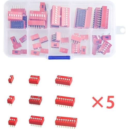 45PCS/LOT Dip Switch Kit In Box 1 2 3 4 5 6 7 8 9Way 2.54mm Toggle Switch Red Snap Switches Mixed Kit Each 5PCS Combination Set
