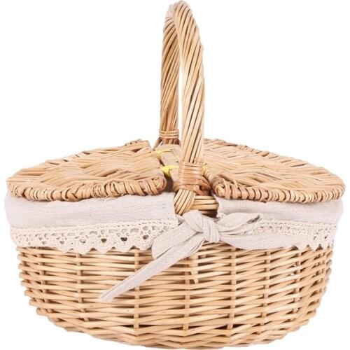 Promotion! Handmade Wicker Basket with Handle Wicker Camping Picnic Basket with Double Lids Storage Hamper Basket with Cloth Lin
