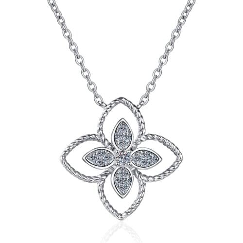 ANZIW 925 Sterling Silver Round Cut Moissanite Diamond Four leaf flower Pendant Necklace Nature Pendant Necklace Fine Jewelry