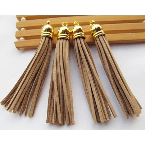 Free Shipping 100Pcs 90mm Light Brown Suede Leather Jewelry Tassel For Key Chains/ Cellphone Charms Top Plated End Caps Cord Tip