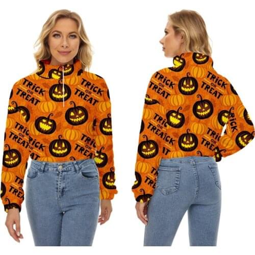 Flannel Thermal Women Crop Top Halloween Funny Navel Exposed ​Stand-Collar Sweatshirt WInter Sweater Girl Students Clothes