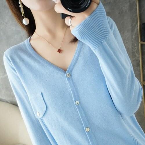 BELIARST Spring and Summer New V-Neck Worsted Wool Knitted Cardigan Womens Fashion Loose Long-sleeved Solid Color Sweater