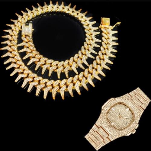 25MM 2pcs Kit Hip Hop Heavy Iced Out Cuban Thorns Link Full AAA Crystal Pave Rapper Necklace +Watch+Bracelet for Men Jewelry