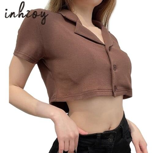 Brown Polos Top Women Short Sleeve T- shirt Button Cardigan Crop top Sexy Casual T Shirt