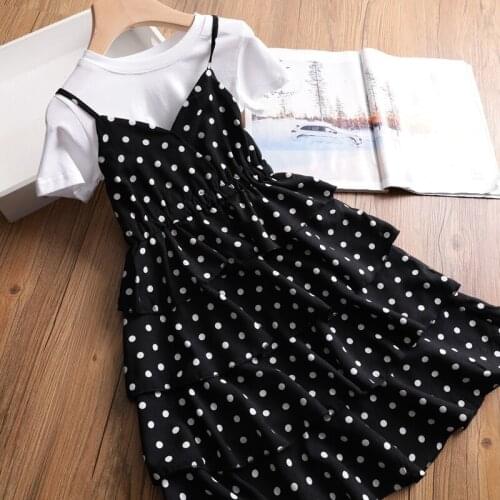 2020 Summer Girls Clothes Suit New Short-Sleeved Round Neck T-Shirt+ Dots Suspenders Dress Kids ChildrenS Clothing 3-8 Years