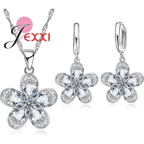 New Coming Beautiful Flower Shape 925 Sterling Silver Jewelry Sets CZ Crystal Zircon Pendant Necklace Earrings Set Hot