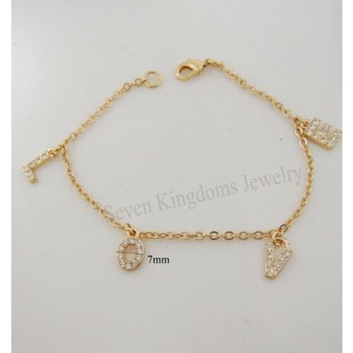ORDER 10$ GET FREE SHIPPING/NEW CUTE 7.9" - YELLOW GOLD GP COATED FILLED BRASS LOVE CZ CHARM LINK BRACELET/GREAT GIFT