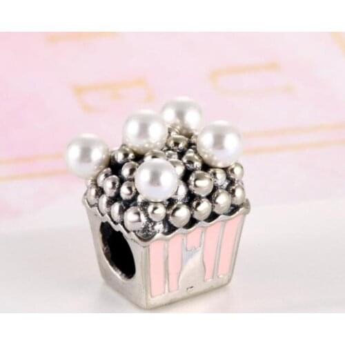 S925 Popcorn Charms Fit women Bracelets Bead DIY Jewelry Pink Enamel