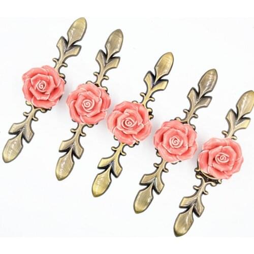 5pcs/Set Pink Rose Flower Ceramic Alloy Base Door Handle Large Size 170mm Kitchen Cupboard Drawer Cabinet Furniture Pulls Knob