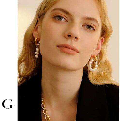 GHIDBK French Natural Freshwater Pearl Asymmetric Hoop Earrings Female Double Circle Tassel Thick Earring Unusual Statement Gift