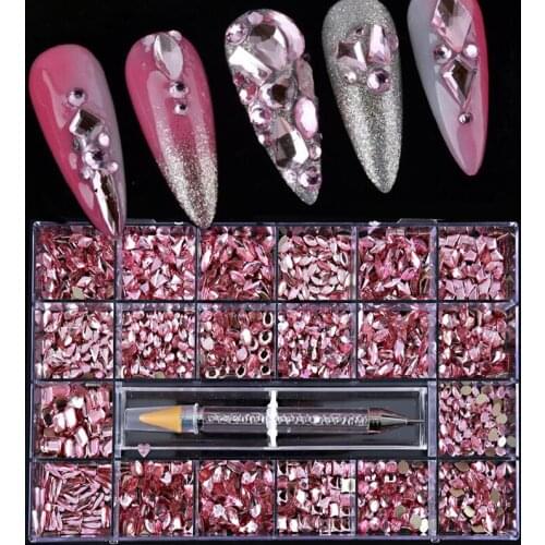 Light Pink Non-hotfix Glass Rhinestone Crystal Nail Art 1 Box (1000PCS) 20 Different (50PCS Per ) 4mm - 8mm diamonds rhinestones