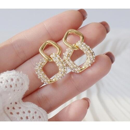Korean Trendy 14k Real Gold Imitation Pearls Women Earrings AAA Bling Zircon Geometry Drop Earrings Wedding Jelwery for Bridal