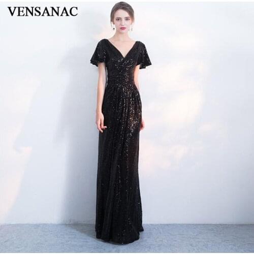 VENSANAC Deep V Neck Sequined A Line Long Evening Dresses Party Short Sleeve Backless Prom Gowns