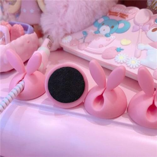 4pcs Pink Bunny Ear Cable Clips Rabbit Desktop Data Cable Holder Action Figure Headphone USB Charger Cord Protection Organizer