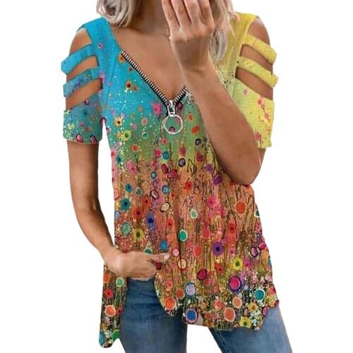 Womens T-Shirt 2021 Summer Fashion Print Floral V-Neck Zipper Tshirt Hollow Pullover Casual Loose Oversize Ladies Top Tee Shirt