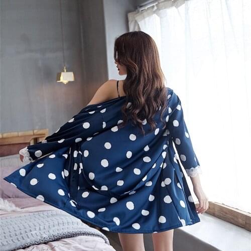 Nightgown with chest pad pajamas female deep V sexy lace sling night gown small chest gathered dot two-piece bridal gown badjas